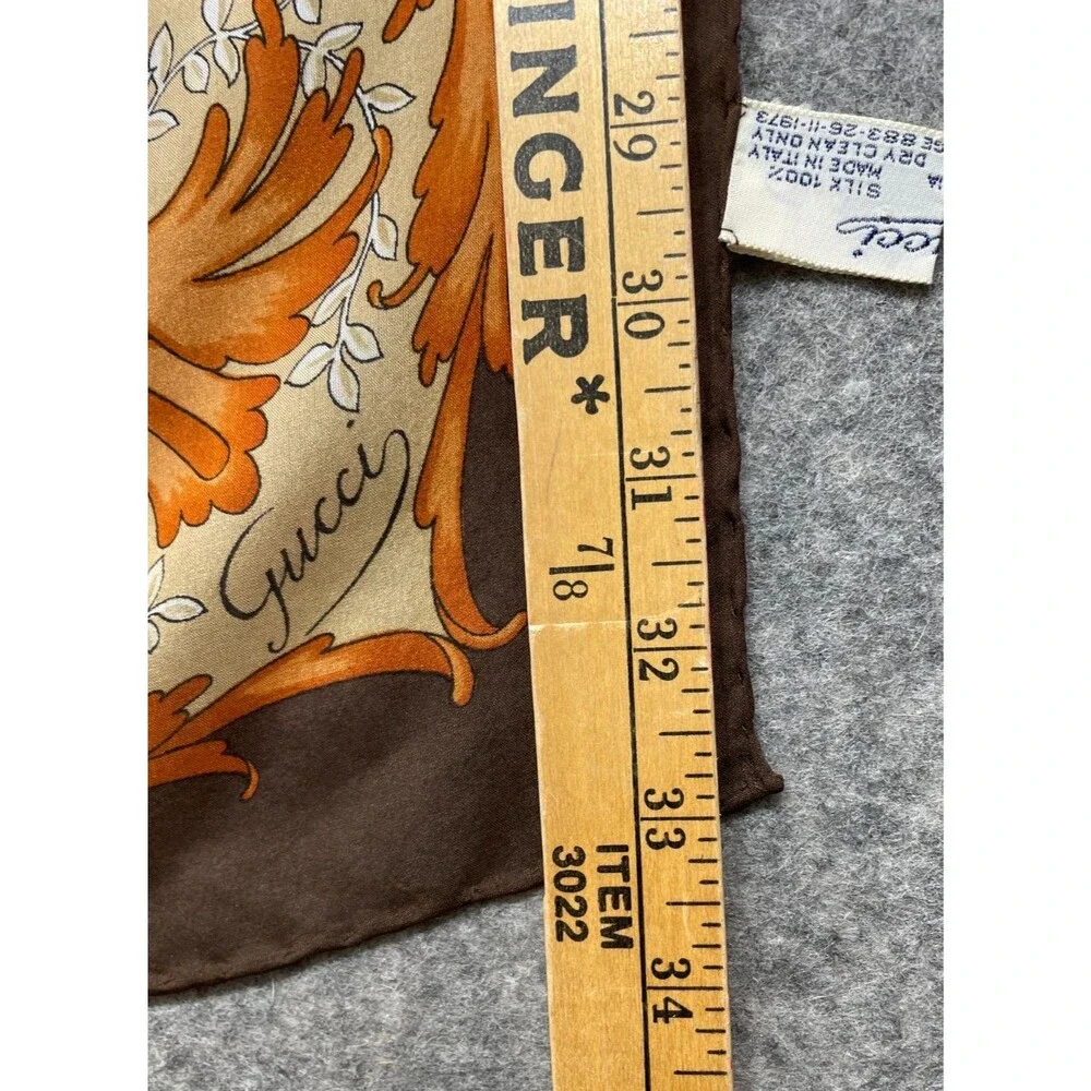 Vintage Gucci Silk Scarf Brown Orange White Floral Logo Hand Rolled Italy 33x33